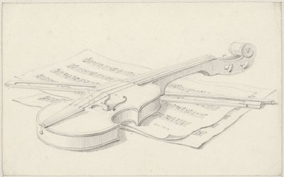 Stilleven met viool, strijkstok en bladmuziek door Pieter de Goeje