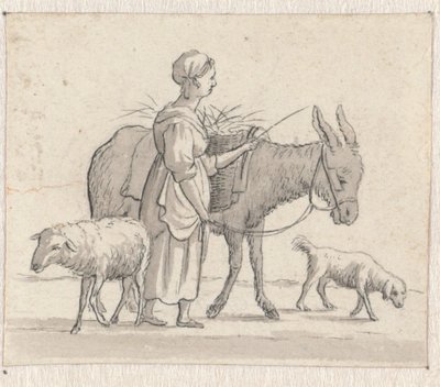 Vrouw met ezel, schaap en hond door Pieter de Goeje