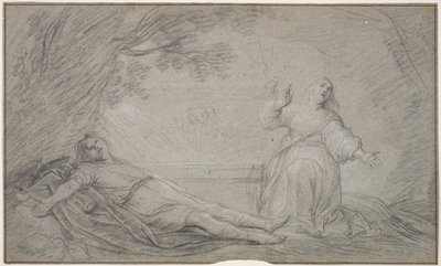 Een mythologische scène van een vrouw die rouwt om de dood van een jonge man door Pieter de Grebber