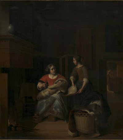Een huisvrouw die haar dienstmeid instrueert door Pieter de Hooch