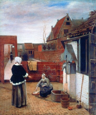 Een vrouw en een dienstmeid in een binnenplaats, ca. 1660-1661 door Pieter de Hooch