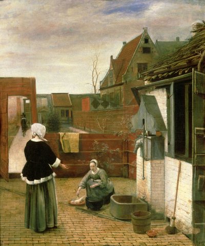 Een Vrouw en een Dienstmeid in een Binnenplaats, ca. 1660-61 door Pieter de Hooch