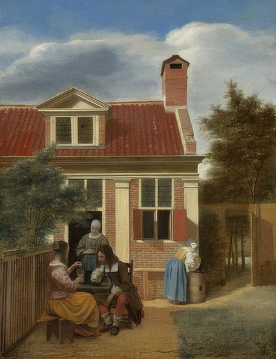 Gezelschap op de binnenplaats achter een huis door Pieter de Hooch