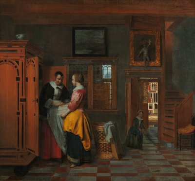 Interieur met vrouwen naast een linnenkast door Pieter de Hooch
