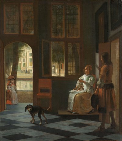 Man die een Brief aan een Vrouw Overhandigt in de Hal van een Huis door Pieter de Hooch