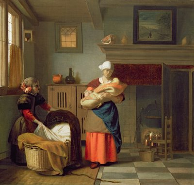 Kindermeisje met baby in een interieur en een jong meisje dat de wieg voorbereidt door Pieter de Hooch
