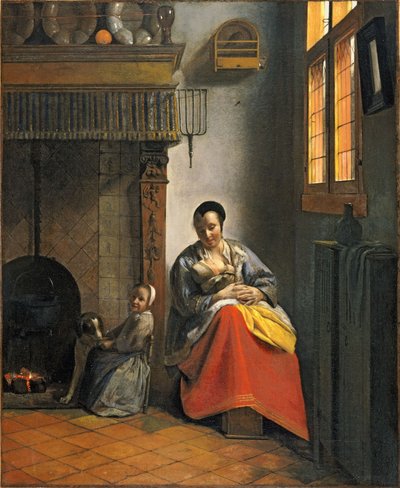 Vrouw die een baby borstvoeding geeft, met een kind en een hond door Pieter de Hooch