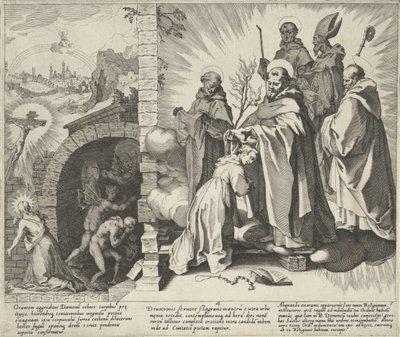 Catharina biddend / Visioen van Catharina / Catharina wordt dominicanes (Scènes uit het leven en wonderen van de Heilige Catharina van Siena) door Pieter de Jode (I)
