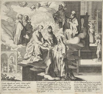 Catharina verschijnt / Huwelijk van Catharina / Catharina deelt haar mantel Scènes uit het leven en wonderen van de Heilige Catharina van Siena door Pieter de Jode (I)