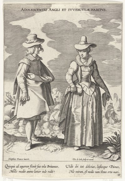 Paar, gekleed volgens de Engelse mode, ca. 1610. Kostuums uit verschillende landen (series title) door Pieter de Jode (I)
