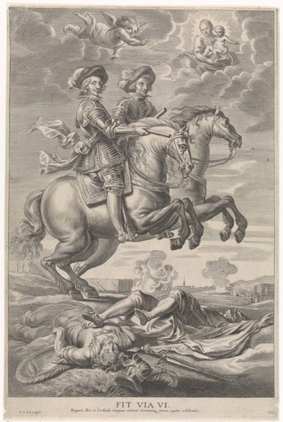 Ferdinand van Oostenrijk met Ferdinand, koning van Bohemen en Hongarije, te paard bij de overwinning bij Nördlingen door Pieter de Jode (II)