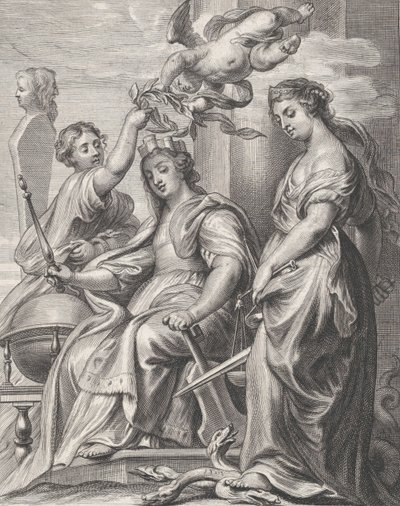 Allegorie van Goed Bestuur, zittend in het midden en gekroond door een putto en een vrouw door Pieter de Jode II