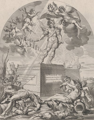 Ferdinand als Mars, staand op een voetstuk, uit Guillielmus Becanus