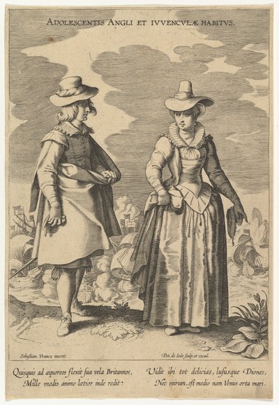 Adolescentis Angli et Iuvenculae Habitus, uit Mode van Verschillende Naties, n.d. door Pieter de Jode I