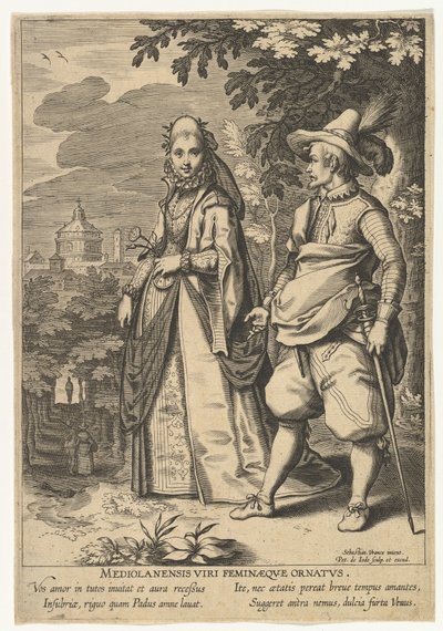 Mediolanensis Viri Feminaeque Ornatus, uit Mode van Verschillende Naties door Pieter de Jode I