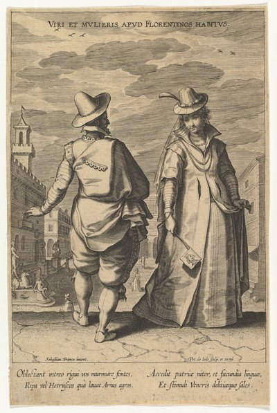 Viri et Mulieris apud Florentinos Habitus, uit Mode van Verschillende Naties, n.d. door Pieter de Jode I