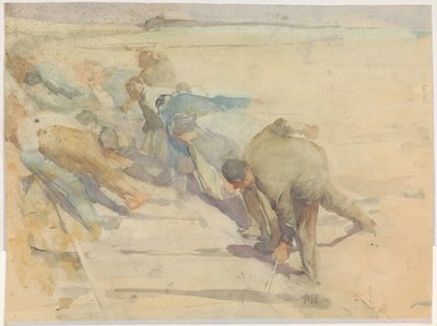 Arbeiders bezig met het opbreken van rails door Pieter de Josselin