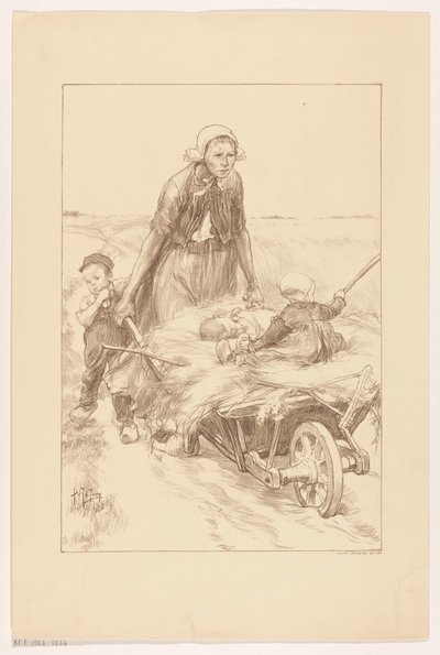 Boerin die een kruiwagen met hooi en twee kinderen duwt door Pieter de Josselin