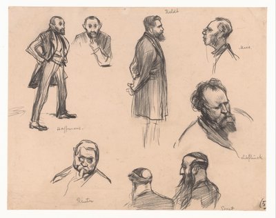 Portretten van de Kamerleden J.H.L. Haffmans, B.H. Heldt, R.P. Mees, Generaal A.E. Reuter, kapitein H. Seret en F. Lieftinck door Pieter de Josselin