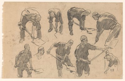 Studieblad met schetsen van een spittende arbeider door Pieter de Josselin