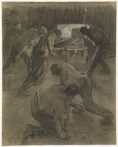 Zes arbeiders aan het werk in de hoogovens door Pieter de Josselin
