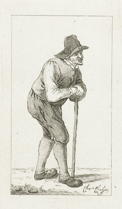 Man leunend op stok door Pieter de Mare