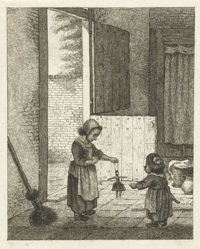 Twee meisjes spelend met een pop door Pieter de Mare