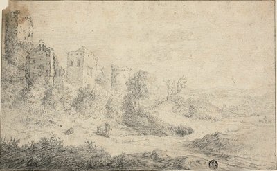 Landschap met Vernietigd Kasteel en Drie Figuren door Pieter de Molijn