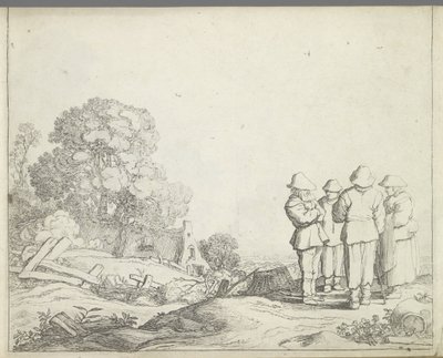 Landschap met drie boeren en een boerin door Pieter de Molijn