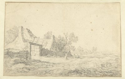 Duinlandschap met drie figuren voor een boerderij door Pieter de Neyn