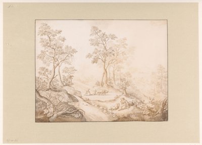 Boomrijk landschap met vrouw, man en een boer door Pieter de Porck