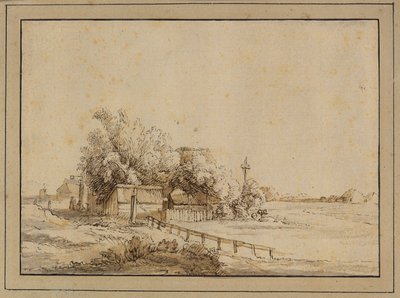 Figuren buiten een herberg, boerderijgebouwen en de paal van een duiventil, buiten Amsterdam door Pieter de With