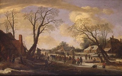 Een winter rivierlandschap met boeren en paardensledes door Pieter the Elder Molyn