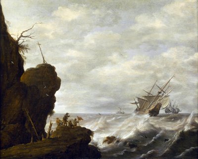 Een Nederlands schip op een woeste zee voor een rotsachtige kust, c.1640 door Pieter the Elder Mulier