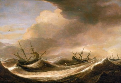 Schepen op volle zee die de storm ontvluchten, verminderde zeilen, geschud door de sterke golven. Olie op hout, rond 1640, door Pieter Mulier (1615-1670). door Pieter the Elder Mulier