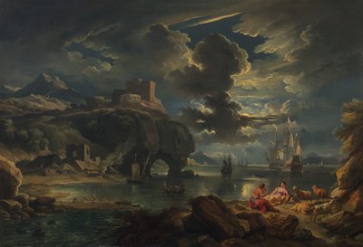 Een mediterrane maanverlichte kustlandschap, c.1700-01 door Pieter the Younger Mulier