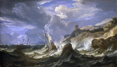 Schipbreuk in een storm nabij een rotsachtige kustlijn, midden 17e eeuw door Pieter Mulier II de Jongere door Pieter the Younger (1637 1701) Mulier