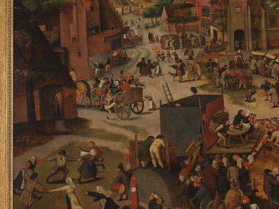 Een dorpsfeest, met een theatervoorstelling en een processie ter ere van St. Hubertus en St. Antonius door Pieter Brueghel the Younger