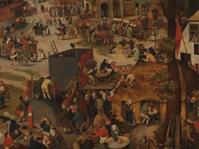 Een Dorpsfeest, Met een Theatervoorstelling en een Processie ter Ere van St Hubert en St Anthony door Pieter Brueghel the Younger