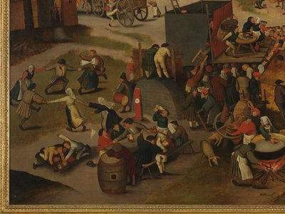 Een Dorpsfeest, Met een Theatervoorstelling en een Processie ter Ere van St Hubert en St Anthony door Pieter Brueghel the Younger
