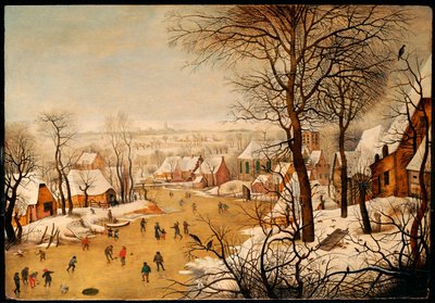 Een winterlandschap met schaatsers en een vogelval door Pieter Brueghel the Younger