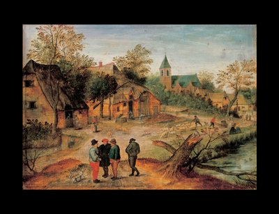 Een dorpslandschap met boeren die op de voorgrond praten, 1634 door Pieter Brueghel the Younger
