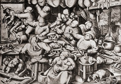 Bedelaar die uit de keuken van een rijke man wordt gegooid, in de 16e eeuw (gravure) door Pieter the Younger Brueghel