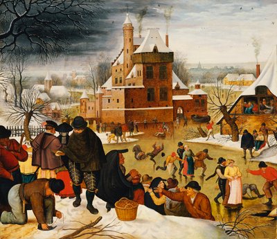 Stadsbewoners Schaatsen op een Kasteelgracht door Pieter the Younger Brueghel