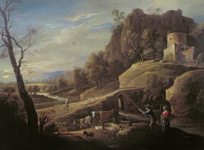 Landschap met boeren die hun dieren verzorgen door Pieter the Younger Mulier