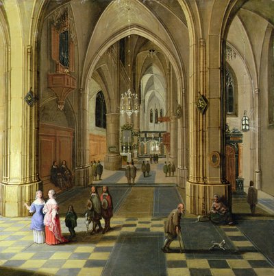 Het interieur van een gotische kathedraal met twee vrouwen in gesprek door Pieter the Younger Neeffs