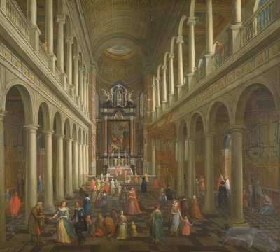 Het interieur van de jezuïetenkerk, Antwerpen door Pieter the Younger Neefs