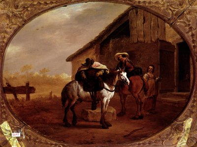 Vertrek van het hotel. Twee ruiters rijden op hun paarden na een stop in een herberg. Schilderij door Pieter Van Laer, genaamd Bamboccio (1592/5-1642) door Pieter van Laar