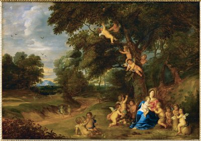 Heilige Maria met het kindje Jezus, Johannes de Doper en engelen (schilderij op eikenhout) door Pieter van Avont