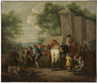 Een militaire smid die paarden beslaat bij een ruïne door Pieter van Bloemen